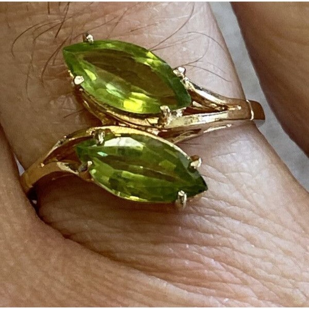 18K YG Electroplate 2.00 CT Marquise Cut Simulated Peridot Two Stone Ring
